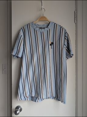 Simons Light Blue Striped Short-Sleeve Tee with Palm Motif